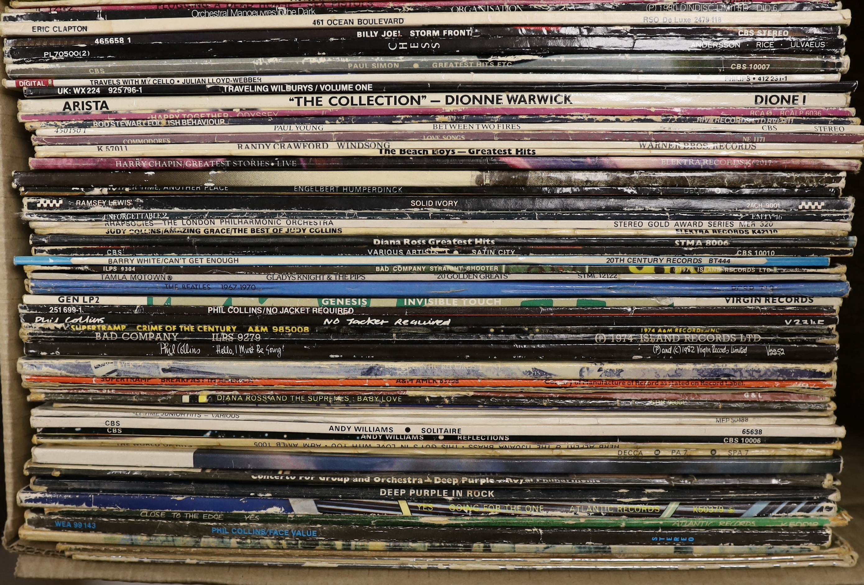 Eighty mostly 1970s LPs etc., including John Lennon, Lou Reed, The Police, Genesis, The Housemartins, Roxy Music, Paul Young, The Beatles, Sex Pistols, Billy Joel, Paul Simon, Rod Stewart, Madness, Leo Sayer, Phil Collin